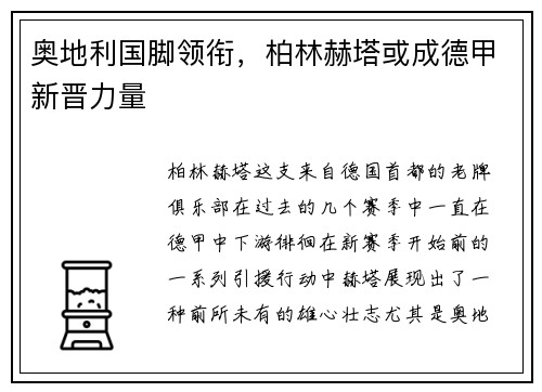 奥地利国脚领衔，柏林赫塔或成德甲新晋力量